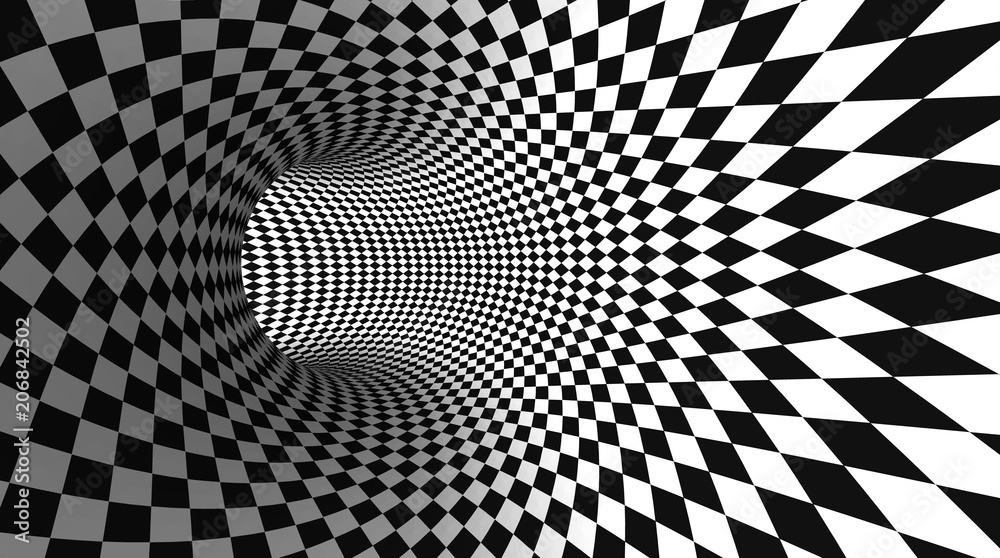 Vector optical illusion black and white twisted checker abstract background. - obrazy, fototapety, plakaty 