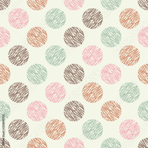 Polka dot seamless pattern. Hand hatching. Brushwork. Geometric background. Scribble texture. Тextile rapport. 