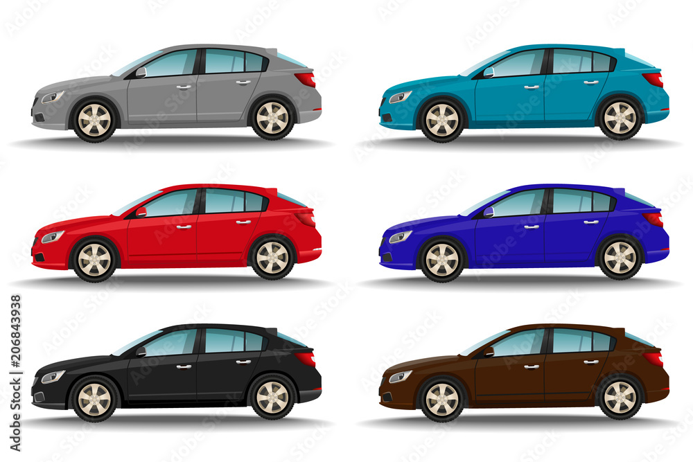 Set of six different colors cars on white background. Hatchback vehicles side view. Family transport concept.