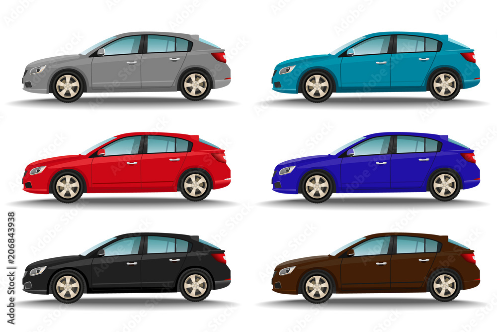 Set of six different colors cars on white background. Hatchback vehicles side view. Family transport concept. Set of six different colors cars on white background. Hatchback vehicles side view. Family transport concept.