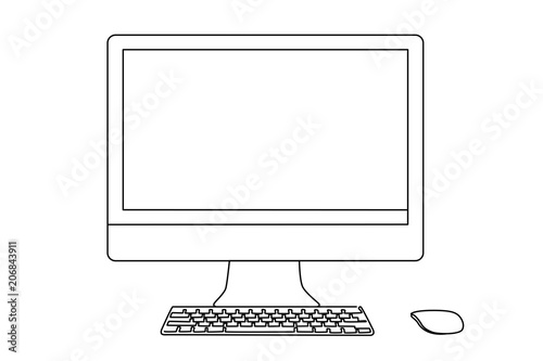Continuous line drawing of a desktop, keyboard and mouse. 