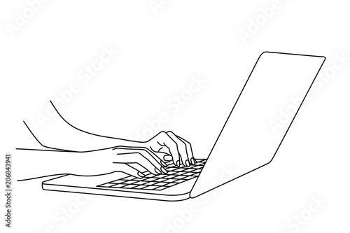 Hand drawing of woman hands typing in a laptop