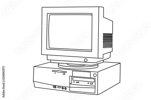 Hand line drawing of an old computer and monitor.  