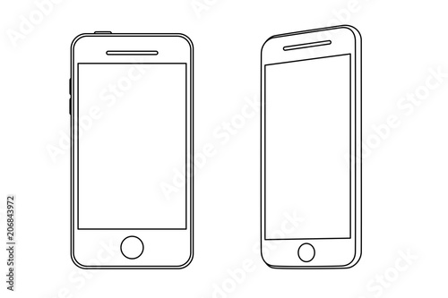 Hand line drawing of a smartphone. Front and side view. 
