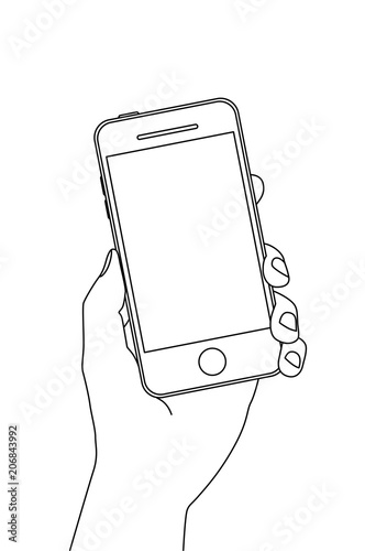 Single line drawing of a hand holding a smartphone. 