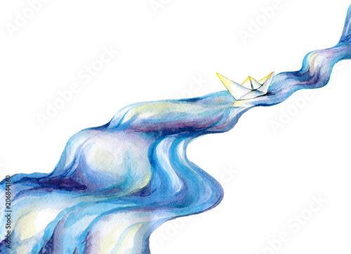 White paper ship sailing on a mountain river