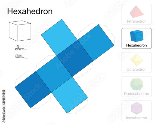 Hexahedron platonic solid template. Paper model of a cube, one of five platonic solids, to make a three-dimensional handicraft work out of the blue square net.