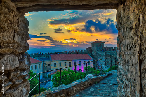 panoramic view of the old Byzantine Castle at sunset in the city of Thessaloniki , Greece photo