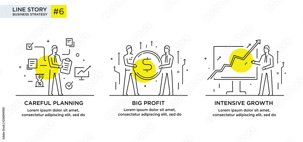 Set of illustrations concept with businessmen. Workflow, growth, graphics. Business development, milestones. linear illustration Icons infographics. Landing page site print poster. Line story