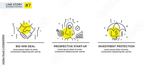 Set of illustrations concept with businessmen. Workflow, growth, graphics. Business development, milestones. linear illustration Icons infographics. Landing page site print poster. Line story