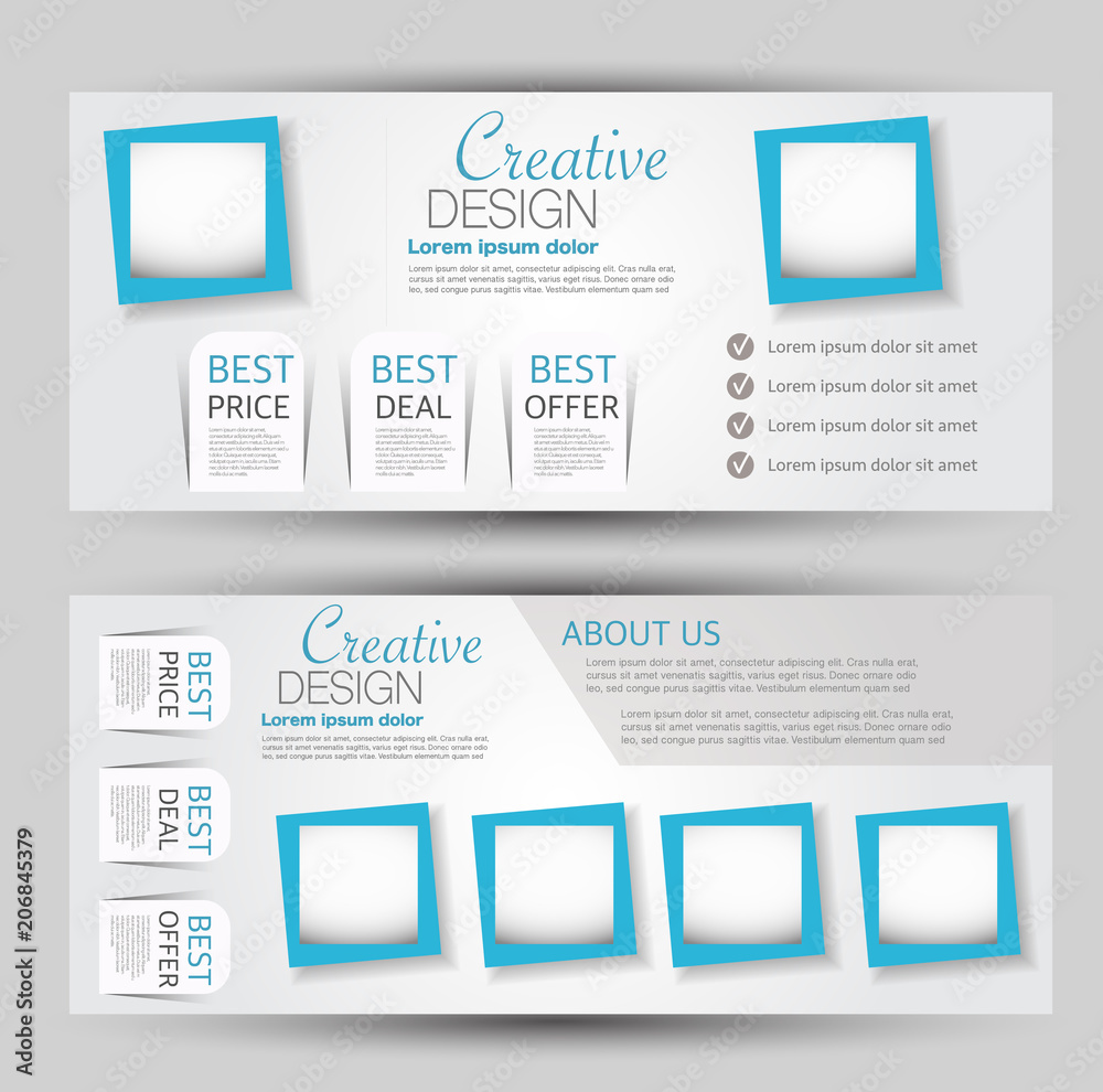 Flyer banner or web header template set. Vector illustration promotion design background. Blue color. Flyer banner or web header template set. Vector illustration promotion design background. Blue color.