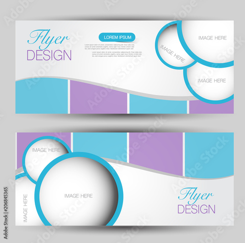 Flyer banner or web header template set. Vector illustration promotion design background. Blue and purple color.