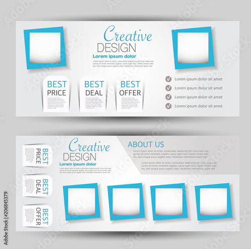 Flyer banner or web header template set. Vector illustration promotion design background. Blue color.