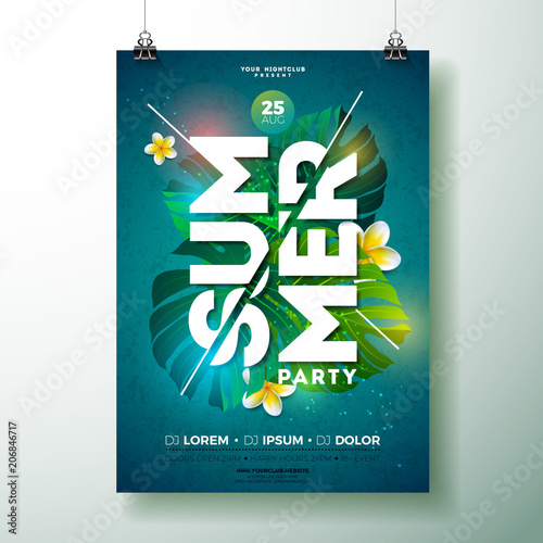 Vector Summer Beach Party Flyer Design with flower and tropical plants on blue background. Summer nature floral elements and typographic letter. Design template for banner, flyer, invitation, poster.