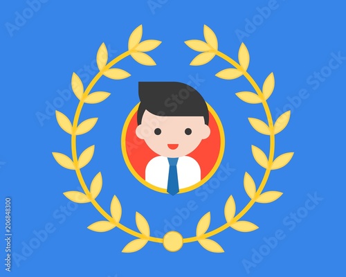 Businessman in circle frame and wreath, flat design best worker concept