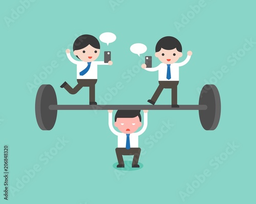Cute businessman try to weigh lifting barbell one person, another businessman playing cellphone on barbell, flat design business situation about slack off and take advantage co worker concept