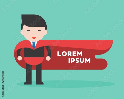Cute super businessman in cover himself with red shawl, flat design business template