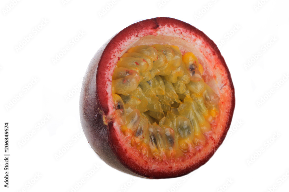 half of passion fruit isoalted on white background half of passion fruit isoalted on white background