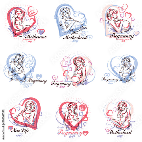 Collection of vector hand-drawn illustration of pregnant elegant woman expecting baby, sketch. Mother Day concept