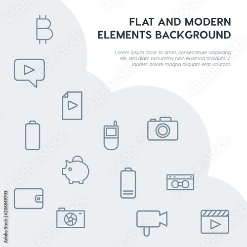 money, mobile, video, photos outline vector icons and elements background concept on grey background.Multipurpose use on websites, presentations, brochures and more