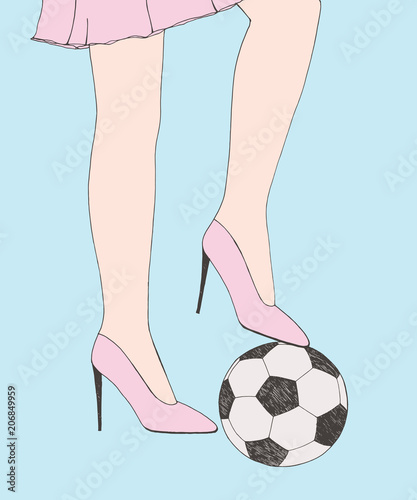 Pretty young slim girl holds soccer ball under shoe heel. Hand drawn color sketch. Conceptual vector illustration of women in sport, feminism and couple relationships henpecked