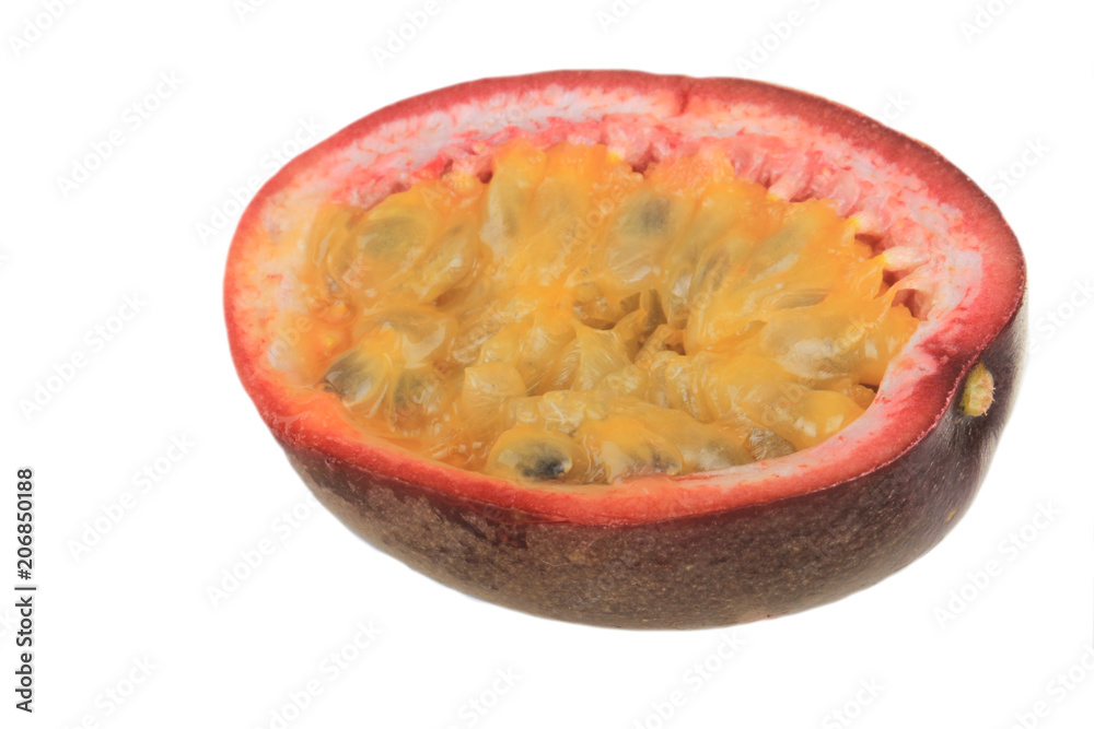 half of passion fruit isoalted on white background half of passion fruit isoalted on white background