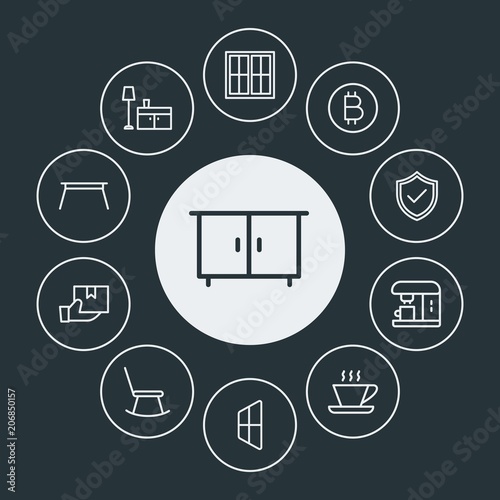 drinks, shopping, furniture Infographic Circle outline Icons Set. Contains such Icons as mail,  room, window,  cup,  rocking,  sign,  hot,  currency,  security and more. Fully Editable. Pixel Perfect