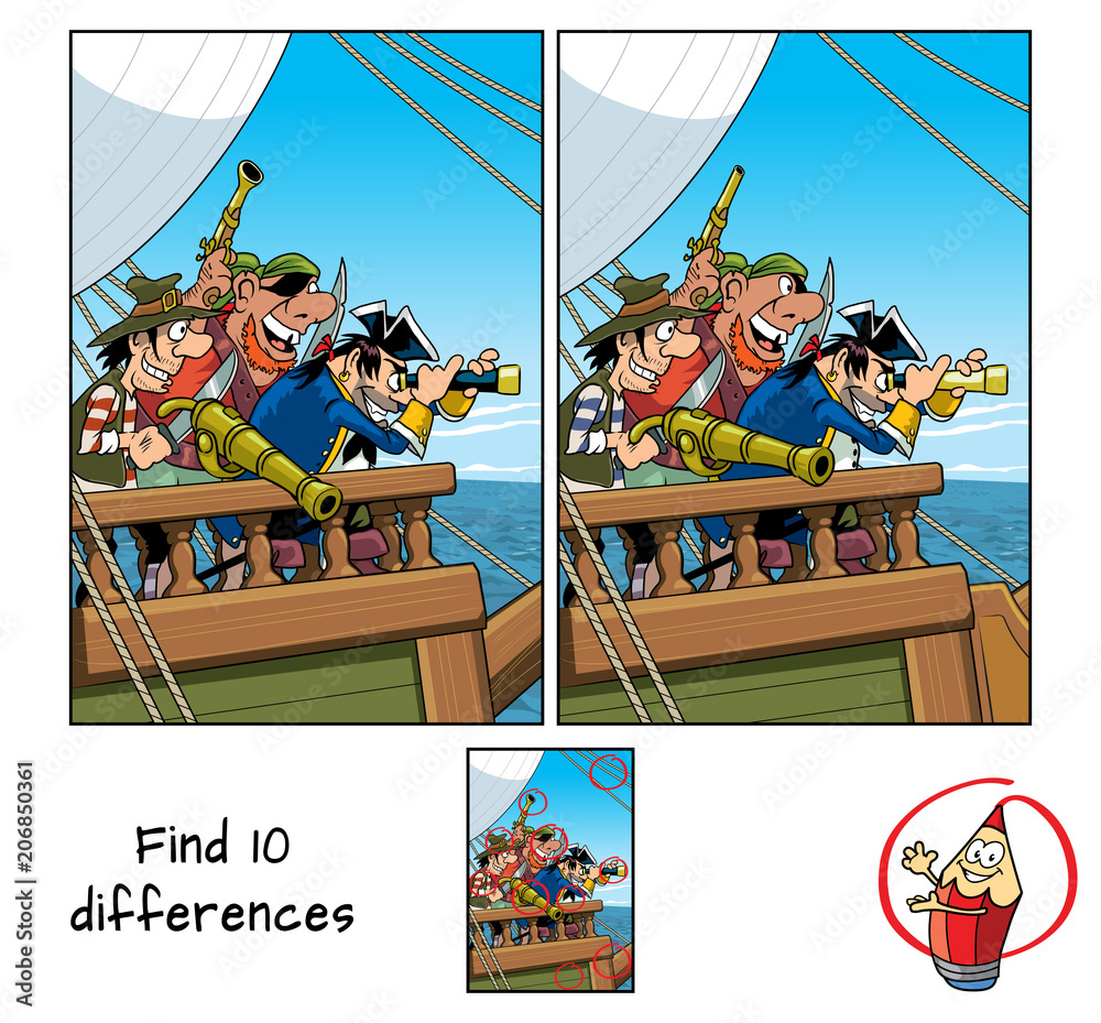 Pirate captain with spyglass on a ship. Find 10 differences ...
