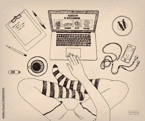 Cross-legged woman working on laptop at home. Legs in socks. Creative job. Freelance. Hand drawn ink vector sketch. Vintage style