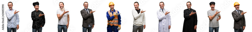 Senior man, different professionals holding something in empty hand Senior man, different professionals holding something in empty hand