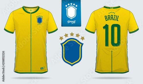 Set of soccer jersey or football kit template design for Brazil national football team. Front and back view soccer uniform. Football t shirt mock up. Vector Illustration