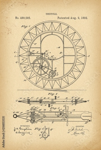 1892 Patent Velocipede Bicycle Unicycle history invention