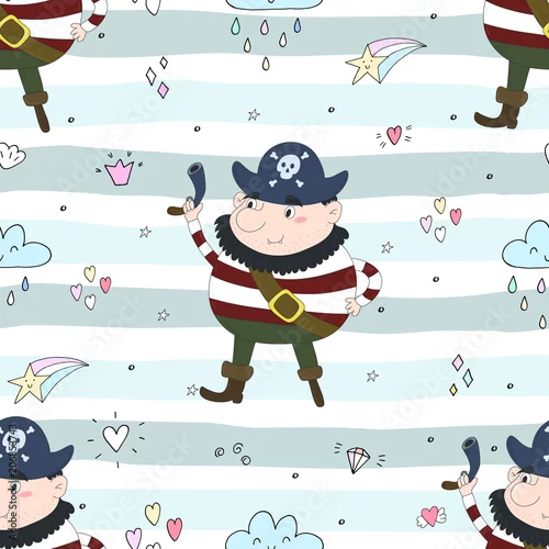 Tapety Śliczny bezszwowy wzór z śmiesznym piratem. ilustracji wektorowych.