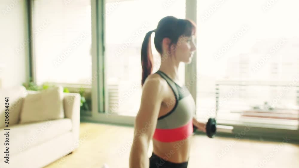 Young fitness woman doing exercise with dumbbells at home. Young fitness woman doing exercise with dumbbells at home.