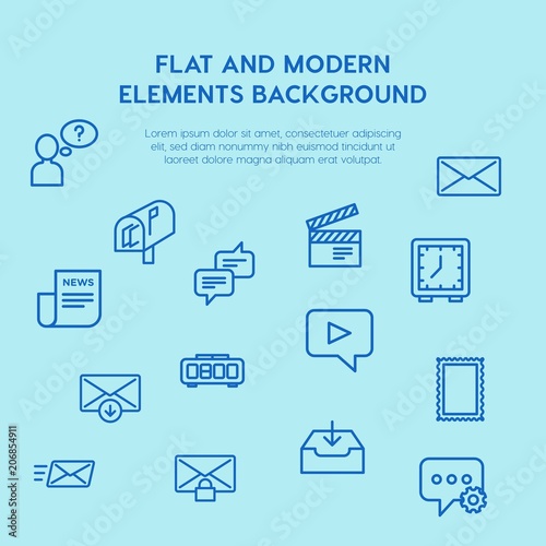 chat and messenger, video, time, email outline vector icons and elements background concept on blue background.Multipurpose use on websites, presentations, brochures and more