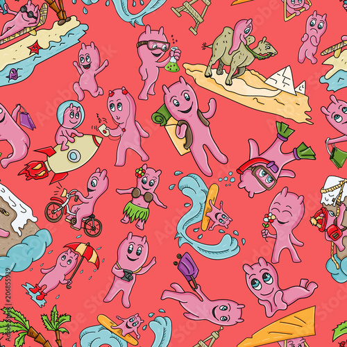 seamless pattern_1_illustration of funny Doodle little men in Chibi style with horns in different situations background is isolated