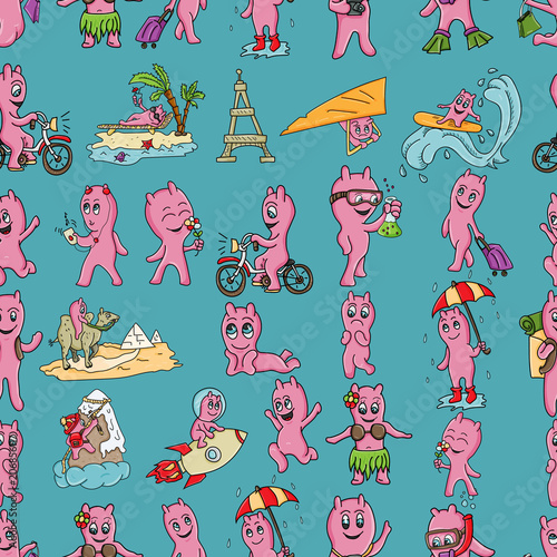 seamless pattern_5_illustration of funny Doodle little men in Chibi style with horns in different situations background is isolated