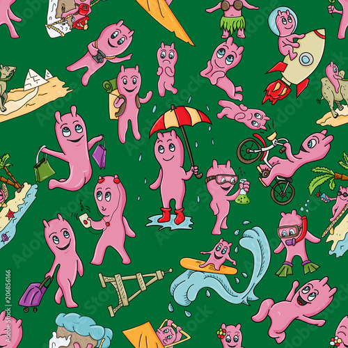 seamless pattern_6_illustration of funny Doodle little men in Chibi style with horns in different situations background is isolated