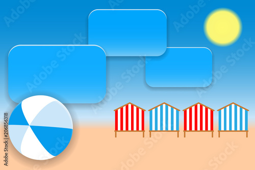 Bright ball and Beach Huts on the seacoast. Vector illustration EPS10