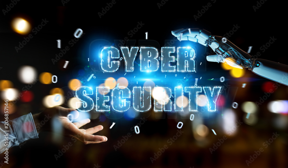 White humanoid hand using cyber security text hologram 3D rendering White humanoid hand using cyber security text hologram 3D rendering
