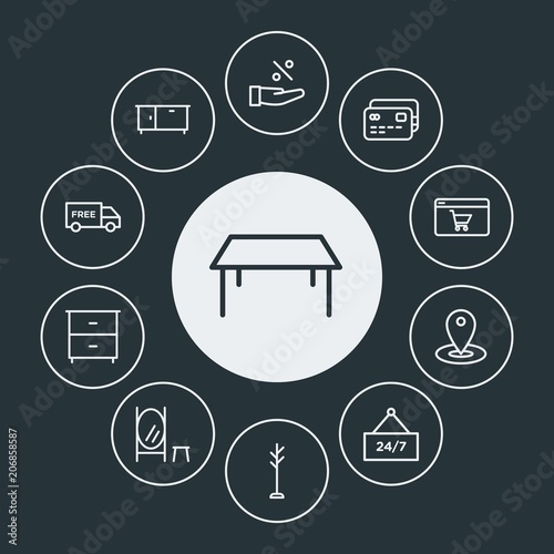 drinks, shopping, furniture Infographic Circle outline Icons Set. Contains such Icons as  shipping,  clothes,  interior,  pin,  coat, debit,  clothing,  hanger and more. Fully Editable. Pixel Perfect