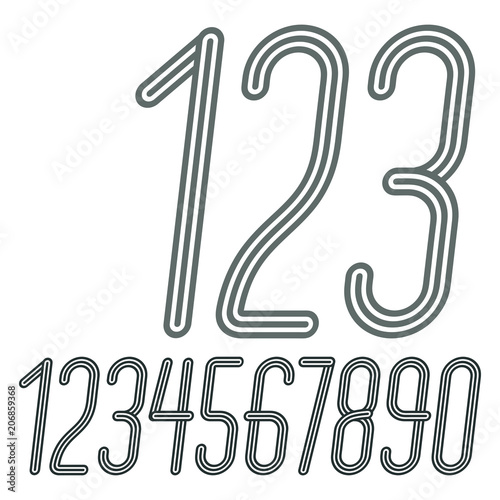Vector  trendy numbers collection. Retro italic condensed numerals from 0 to 9 best for use in poster creation. Made with triple stripy decoration.