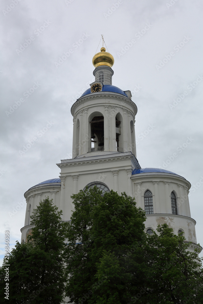 BOGOLYUBOVO, RUSSIA - MAY 19, 2018: The facade of the Holy Bogolyubsky Female Monastery of the Nativity of the Virgin. Founded in the 12th century
