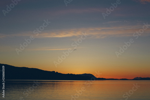 Sunset on the lake with trees