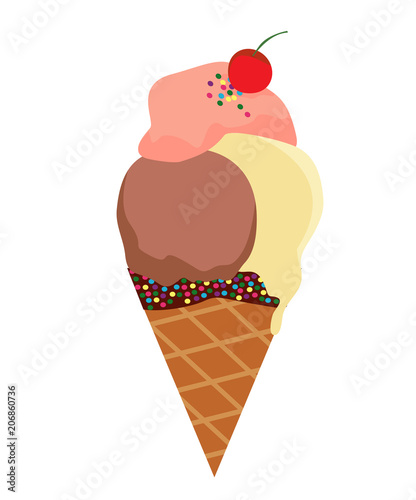 Ice cream cone with 3 scoops with cherry on top. Isolated vector illustration on white background