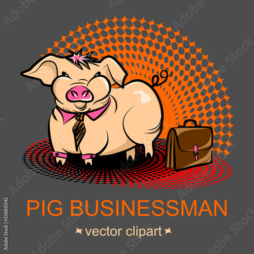 Cute fat cartoon pig businessman in a tie and with a case on a gray background. Vector clipart, concept of obesity office workers because they lead a sedentary lifestyle