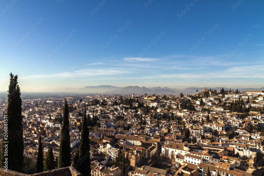 Skyline of Granada, seen from Alhambra hill; Spain.