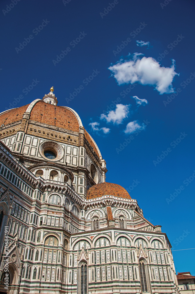 Close-up of the sculptural work on the dome of the Santa Maria del Fiore Cathedral. In the city of Florence, the famous and amazing capital of the Italian Renaissance. Located in the Tuscany region