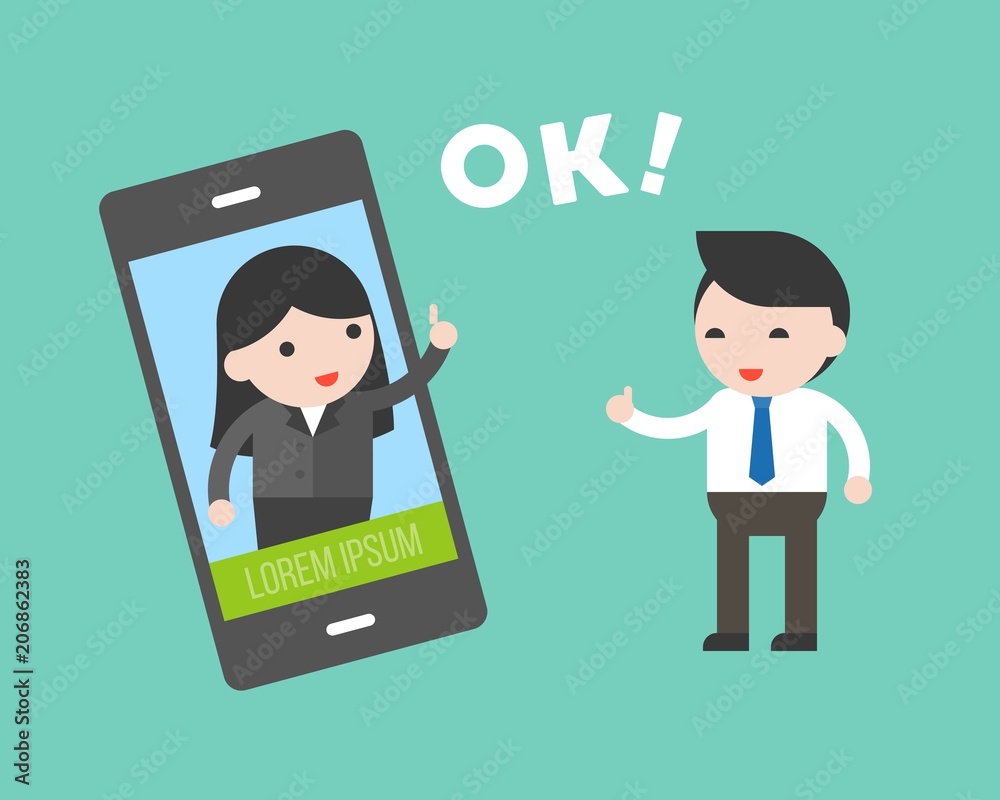 Businessman communication with business woman by cellphone, communication and technology concept flat design Businessman communication with business woman by cellphone, communication and technology concept flat design