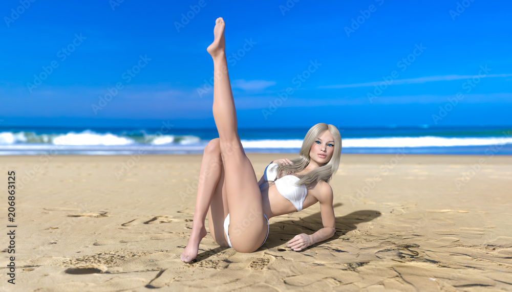 3D beautiful blonde woman white swimsuit bikini on sea beach. Summer rest. Blue ocean background. Sunny day. Conceptual fashion art. Seductive candid pose. Realistic render illustration.
3D beautiful blonde woman white swimsuit bikini on sea beach. Summer rest. Blue ocean background. Sunny day. Conceptual fashion art. Seductive candid pose. Realistic render illustration.